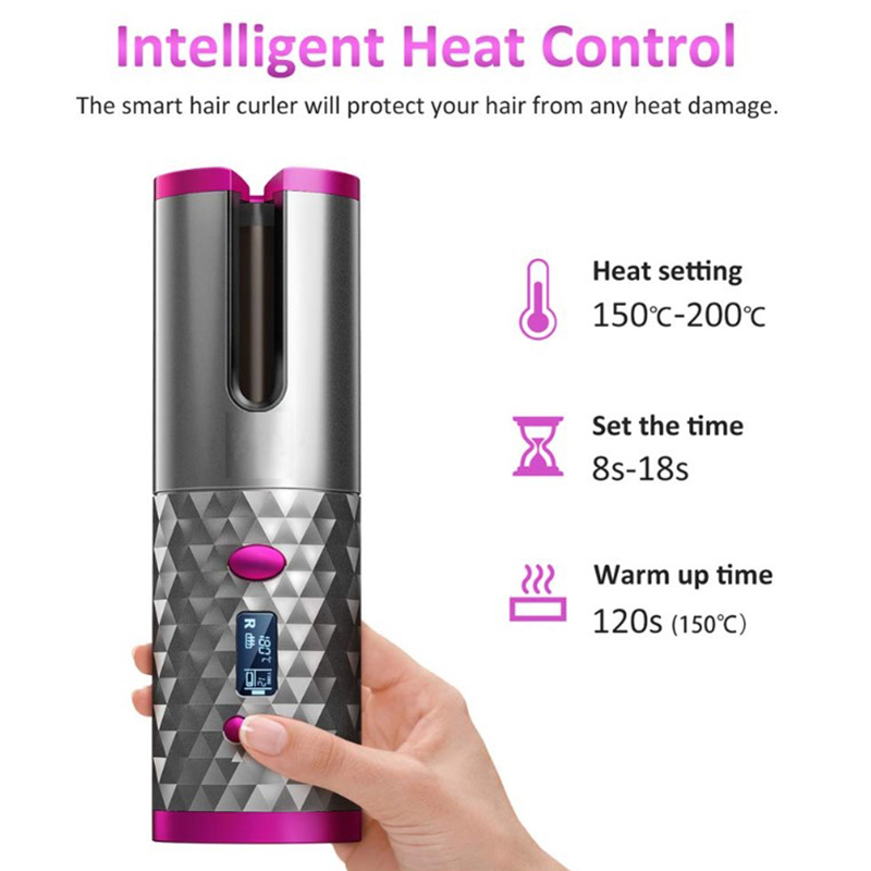 Cordless rotating hair curler intelligent heat control settings