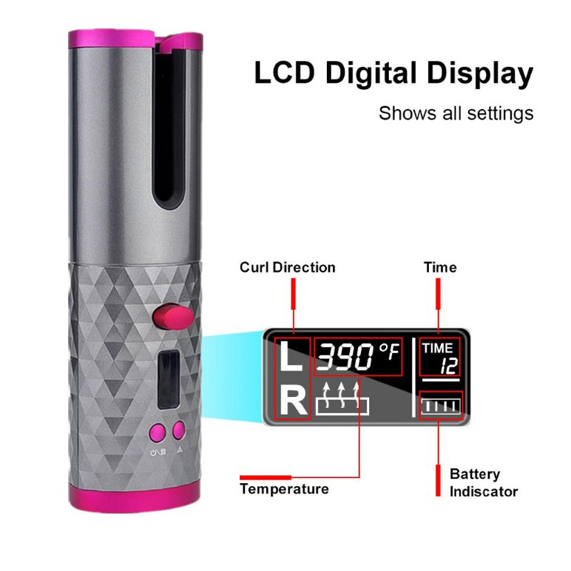 LCD Digital Cordless Rotating hair curler. Set curl direction left or right. 